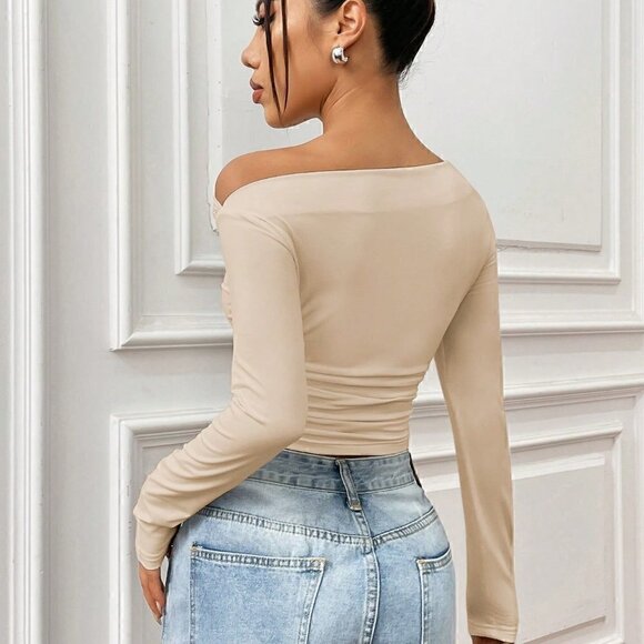 Apricot Casual Women's Asymmetrical Collar Pleated Long Sleeve T-Shirt - Picture 2 of 5